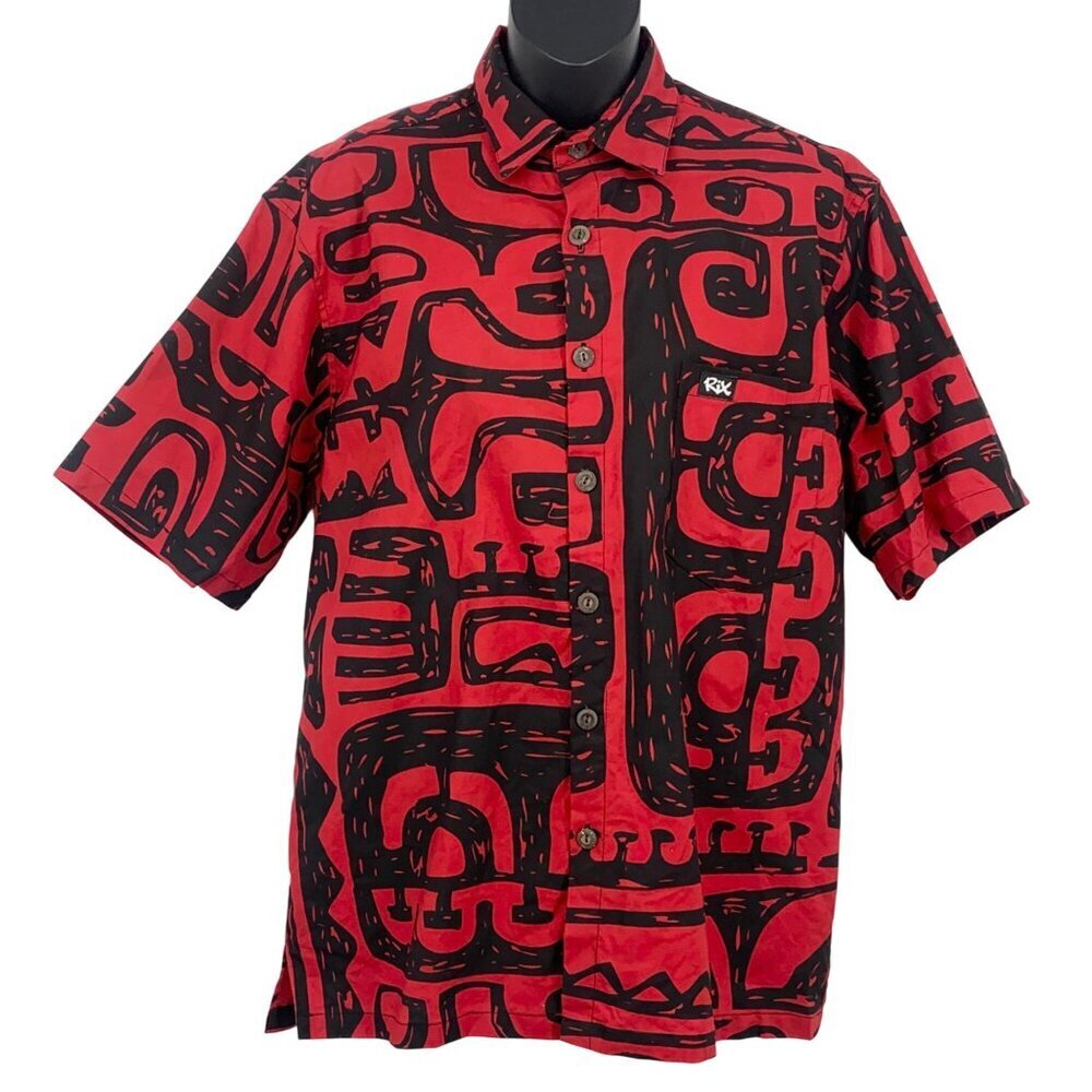 Rix Hawaiian Aloha Shirt Red Black Size Small S Tribal Aloha Short Sleeve EUC